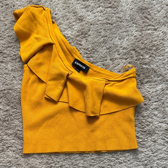 Express Tops - Express Women's Mustard One-Shoulder Ruffle Knit crop Top